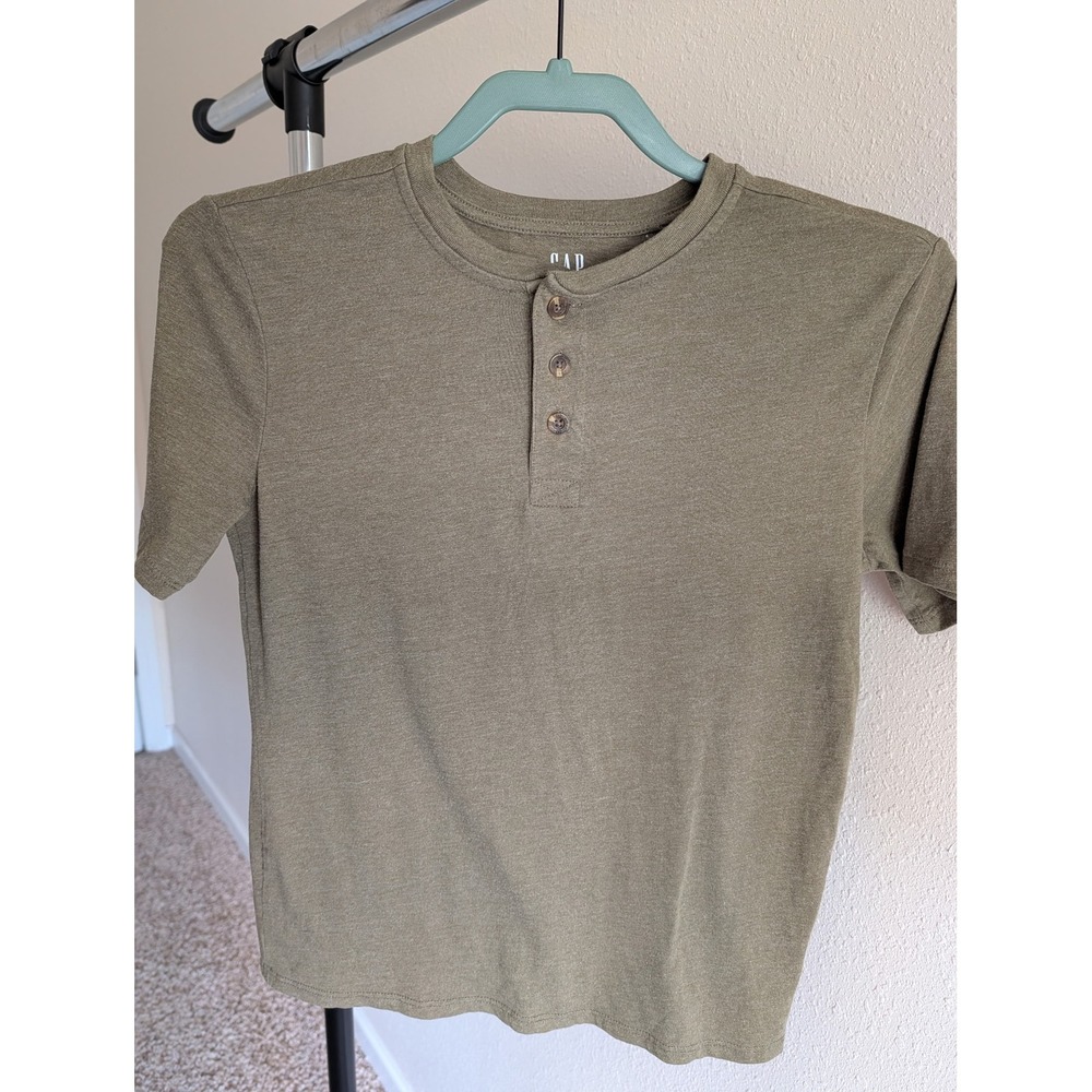 Gap Kids Boys XL 14/16 Short Sleeve Henley Shirt Olive Green Heathered GKFH B17K